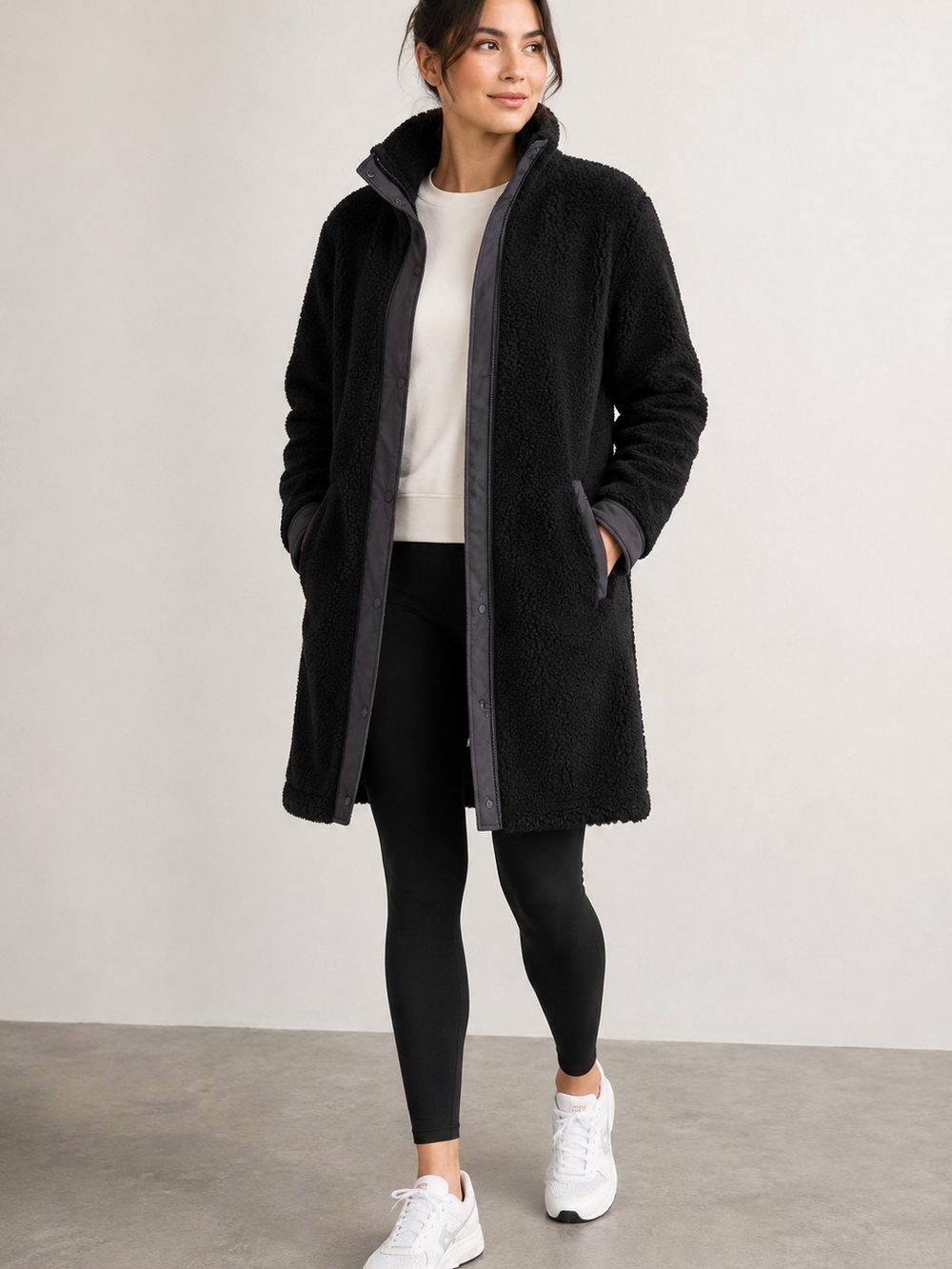 Athleta Fleece Hybrid Coat Women’s Medium Black Sherpa Longline Jacket Teddy